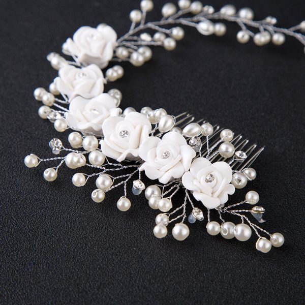 Wedding Bride Pearl White Rose Flower Silver Headband Hairband for Prom Country Wedding Vintage Hair Accessories Girls Prom Ladies Garden Evening - Image 5