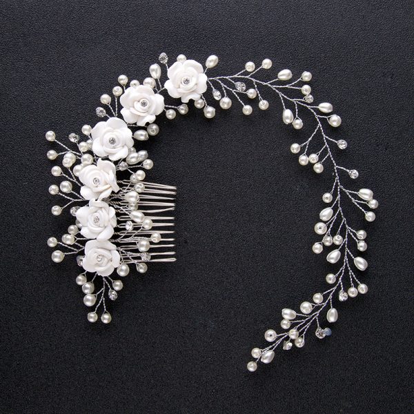 Wedding Bride Pearl White Rose Flower Silver Headband Hairband for Prom Country Wedding Vintage Hair Accessories Girls Prom Ladies Garden Evening - Image 2