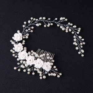 Wedding Bride Pearl White Rose Flower Silver Headband Hairband for Prom Country Wedding Vintage Hair Accessories Girls Prom Ladies Garden Evening