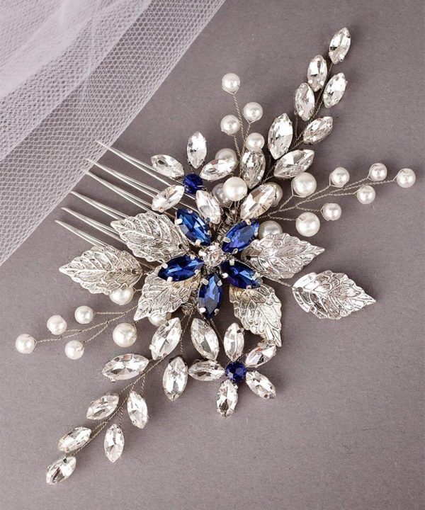 Bridal Sapphire Crystal Hair Comb Pearl Blue Crystal Leaf Marquise Hair Piece Prom Party Holiday Wedding Hair Accessories for Women and Girls (Silver) - Image 5