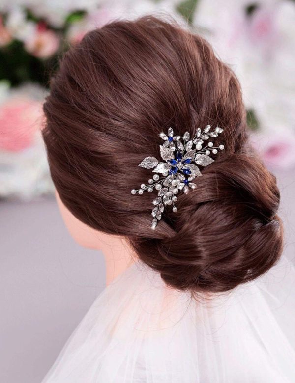Bridal Sapphire Crystal Hair Comb Pearl Blue Crystal Leaf Marquise Hair Piece Prom Party Holiday Wedding Hair Accessories for Women and Girls (Silver) - Image 4