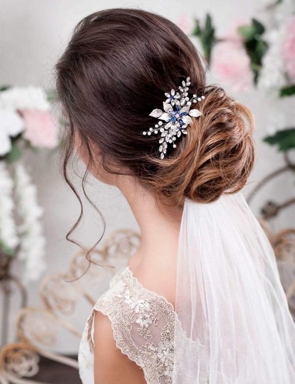Bridal Sapphire Crystal Hair Comb Pearl Blue Crystal Leaf Marquise Hair Piece Prom Party Holiday Wedding Hair Accessories for Women and Girls (Silver) - Image 3