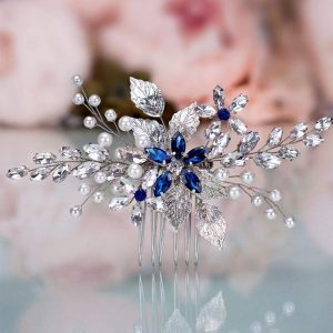 Bridal Sapphire Crystal Hair Comb Pearl Blue Crystal Leaf Marquise Hair Piece Prom Party Holiday Wedding Hair Accessories for Women and Girls (Silver)