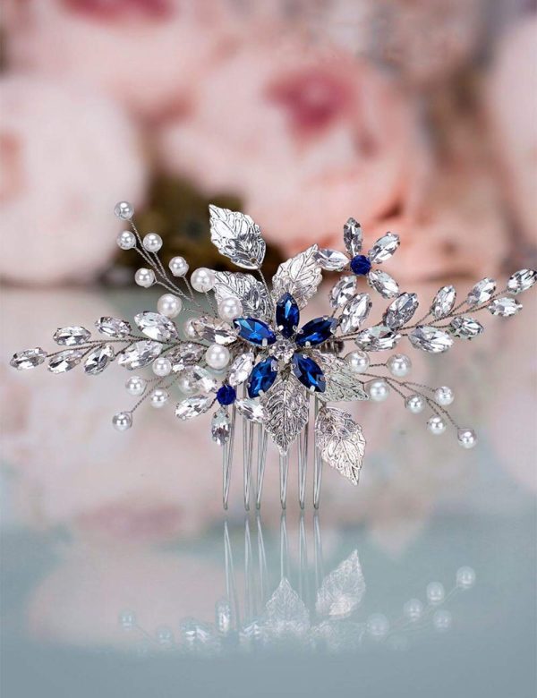 Bridal Sapphire Crystal Hair Comb Pearl Blue Crystal Leaf Marquise Hair Piece Prom Party Holiday Wedding Hair Accessories for Women and Girls (Silver)