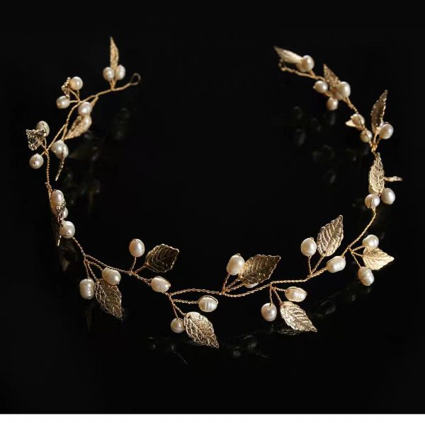 Long Headband Hair Vine Handmade Bridal Leaf Headband Wedding Hair Accessories Bridal Hair Piece Rose Gold Flower Headdress (50cm Gold) - Image 7