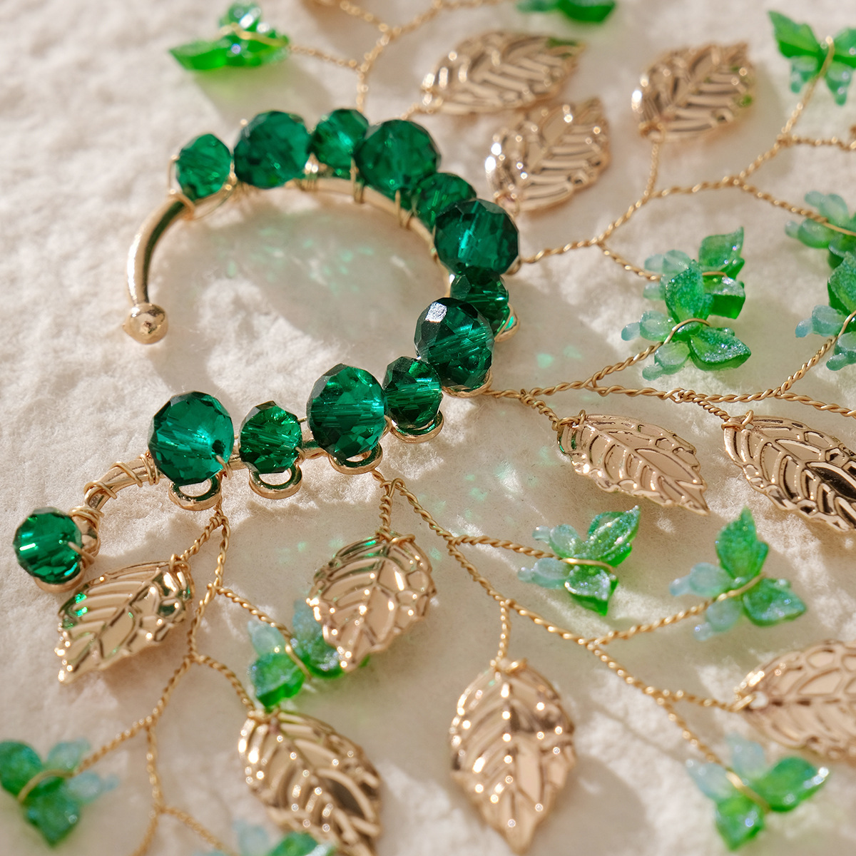 Green Leaf Pearl Ear Cuff Earrings for Women - Image 3