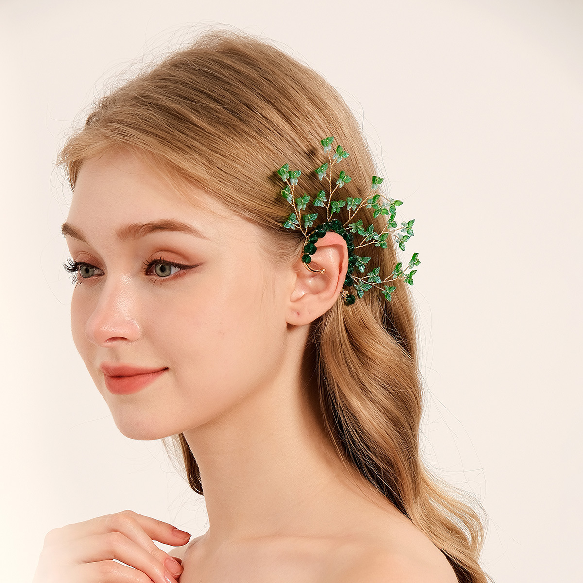 Green Leaf Pearl Ear Cuff Earrings for Women - Image 5