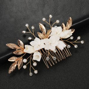 Gold Floral Bridal Hair Comb — Pearl Crystal Vine